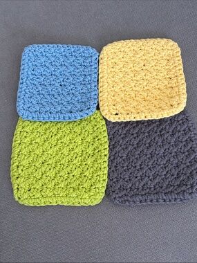Hand Crafted Blue, Yellow, Lime Green, Gray Crochet Coasters